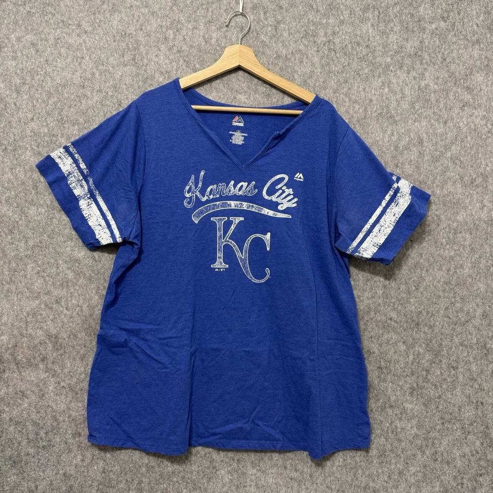 Kansas City Royals Women's 2X Blue Majestic V-Neck Jersey Style MLB T-Shirt